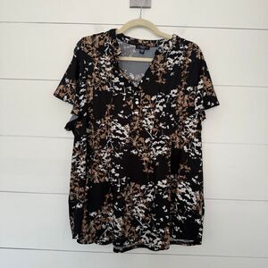 Cocomo Women’s 2X Black Brown Stretchy Patterned Top Blouse Plus Size